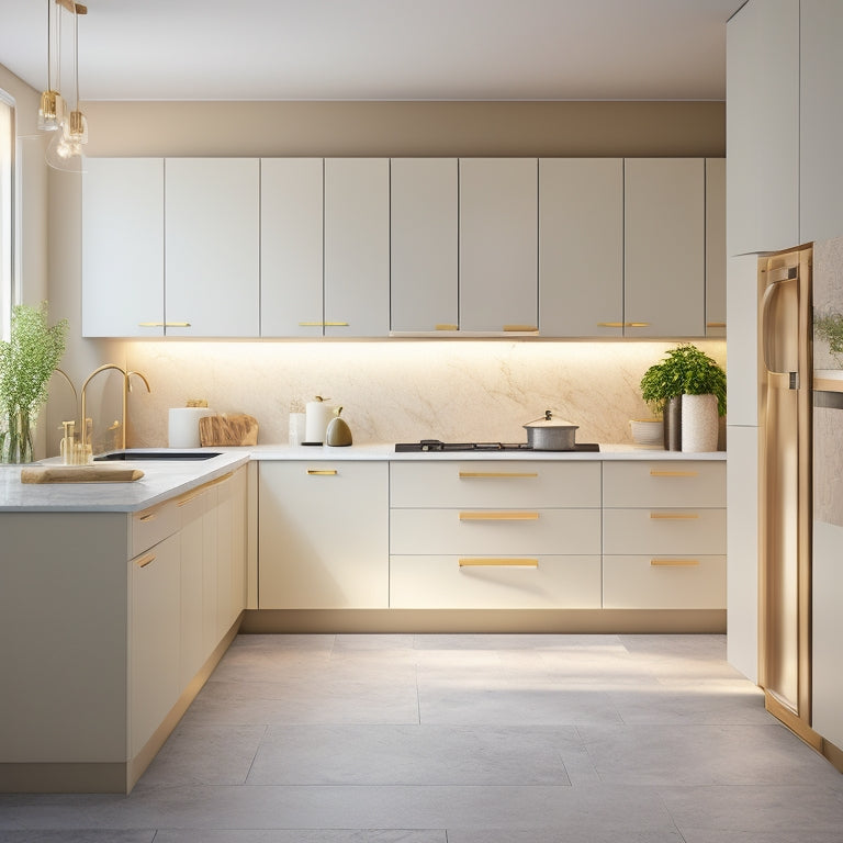 A modern, sleek kitchen with three wall-mounted cabinets in various sizes, adorned with minimalist handles, against a soft, creamy white backdrop, surrounded by subtle shadows and warm, golden lighting.