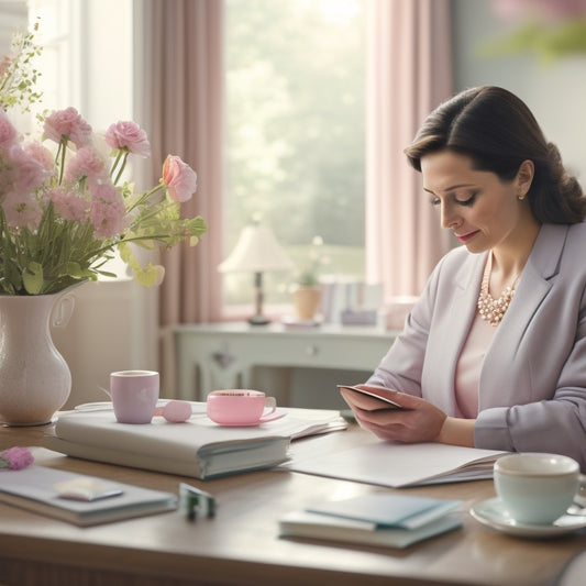 A serene, expecting mother sitting at a tidy desk, surrounded by pastel-hued folders, a planner, and a cup of tea, with a few gentle, blooming flowers in the background.