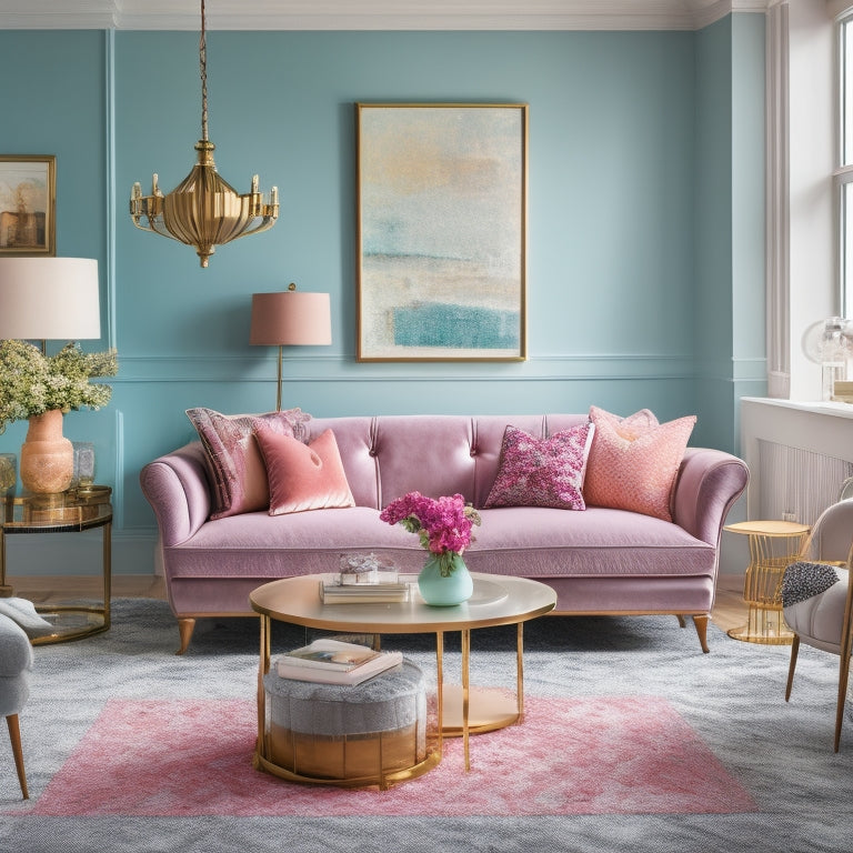 A stylishly decorated living room with a plush velvet sofa, vintage rug, and eclectic artwork, featuring a statement light fixture and a few carefully placed throw pillows in pastel hues.