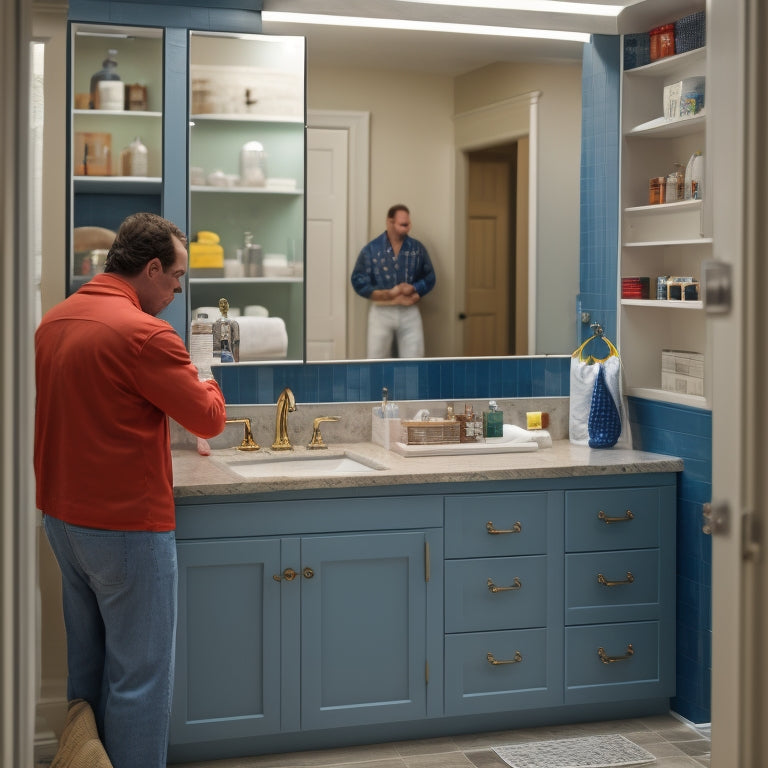 A bathroom with a partially installed mirrored cabinet, tools and materials scattered around, a level on the countertop, and a person in the background, hands on hips, looking at the cabinet.