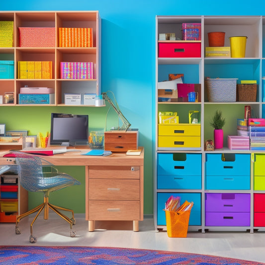 A colorful, modern workspace with a wooden desk, surrounded by shelves and drawers, featuring a rainbow of labeled folders, jars, and bins, with a few carefully placed multilingual labels.