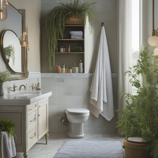A spacious, elegantly designed bathroom featuring open shelving adorned with plush towels, artisanal soaps, and decorative plants, illuminated by soft, ambient lighting, set against a backdrop of marble tiles and sleek fixtures.