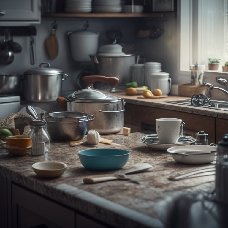 A messy kitchen countertop with scattered kitchen utensils, appliances, and clutter, surrounded by dirty dishes and spills, with a blurred background to emphasize the clutter.