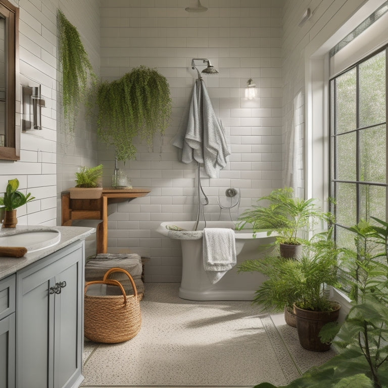 A serene bathroom with a remodeled shower featuring a gray subway tile surround, rainfall showerhead, and a reclaimed wood bench, surrounded by lush greenery and soft, warm lighting.