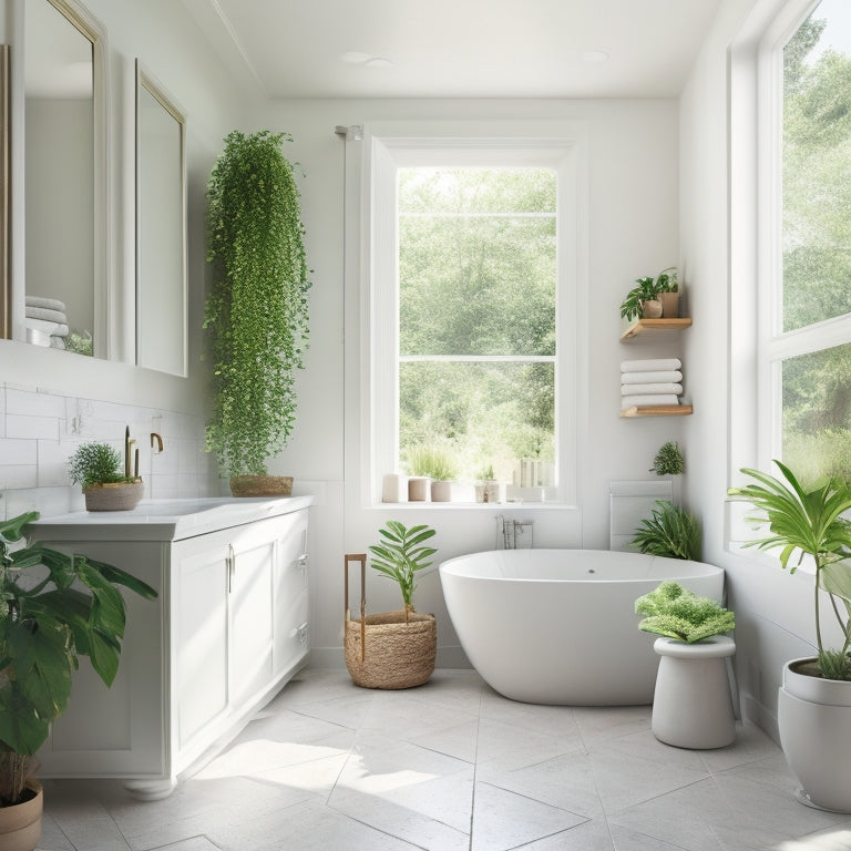 A serene bathroom with sleek, wall-mounted shelves and cabinets in a soft, calming white hue, surrounded by lush greenery and a freestanding tub, under a large skylight.