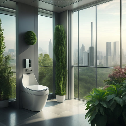 A futuristic public restroom with sleek, silver stalls, automatically opening doors, and a self-cleaning toilet bowl, surrounded by lush greenery and a floor-to-ceiling window with a cityscape view.