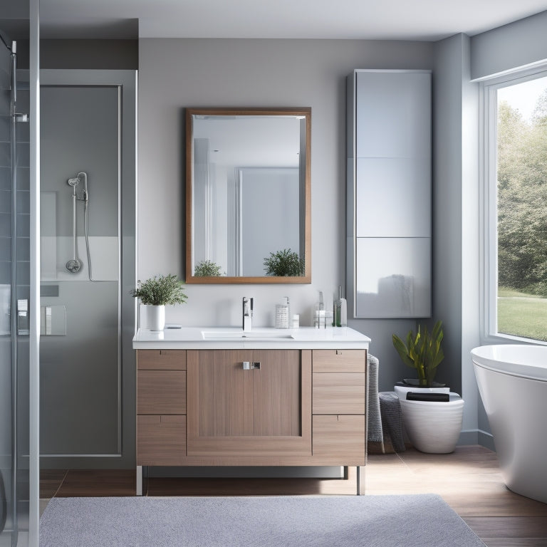 A sleek, modern bathroom with a large, wall-mounted cabinet featuring soft-close doors, chrome handles, and a mirrored front, above a stylish countertop and a freestanding tub.