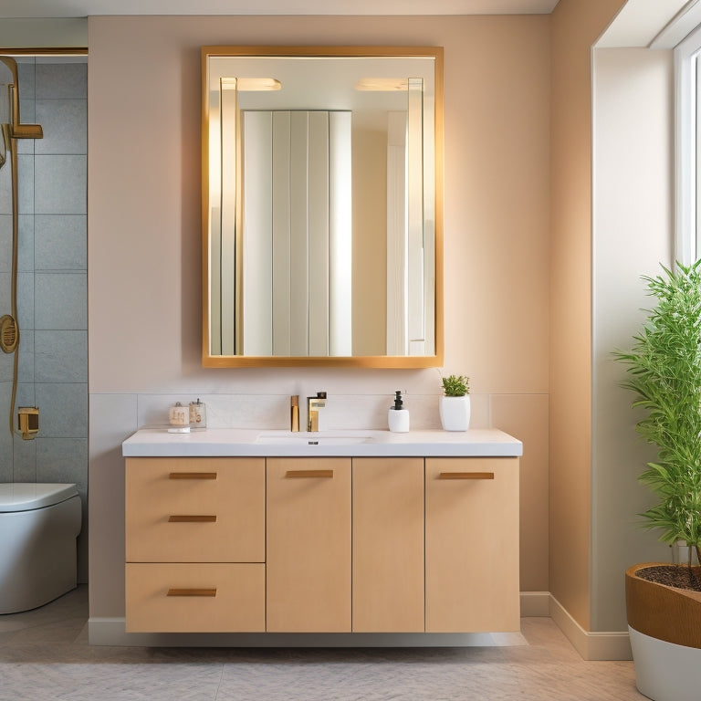 A sleek, modern bathroom with three recessed medicine cabinets, each featuring a large, LED-lit mirror, surrounded by crisp, white tile and subtle, earthy accents.