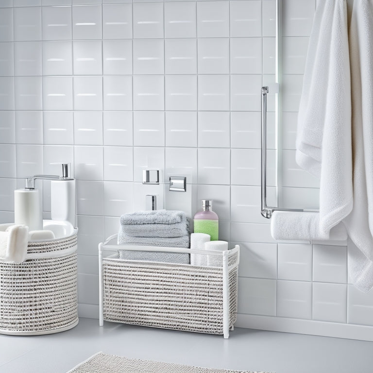 A serene, white-tiled bathroom with a minimalist aesthetic, featuring a sleek, wall-mounted cabinet, a woven basket filled with rolled towels, and a polished chrome shower caddy with neatly arranged toiletries.