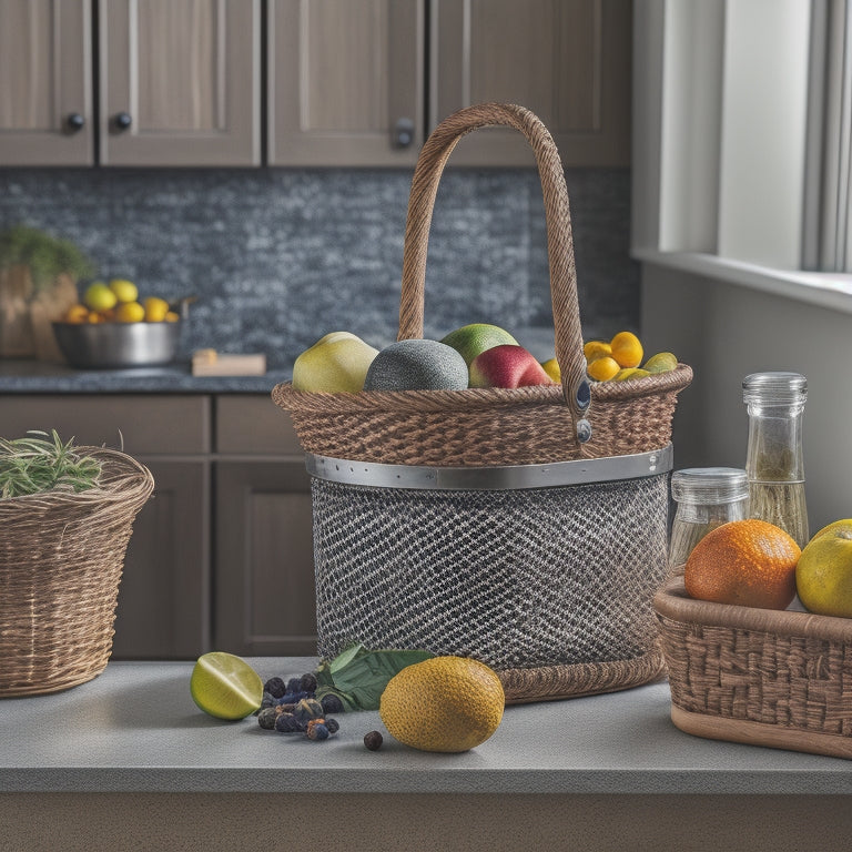 A tidy, L-shaped kitchen countertop with a few, carefully arranged countertop organizers: a wooden utensil holder, a stainless steel spice rack, and a woven basket containing fresh fruit.