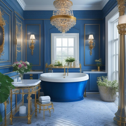 A luxurious bathroom featuring a dark blue vanity with ornate gold hardware, surrounded by creamy white marble, lush greenery, and a freestanding tub under a dramatic, vaulted ceiling with crystal chandelier.