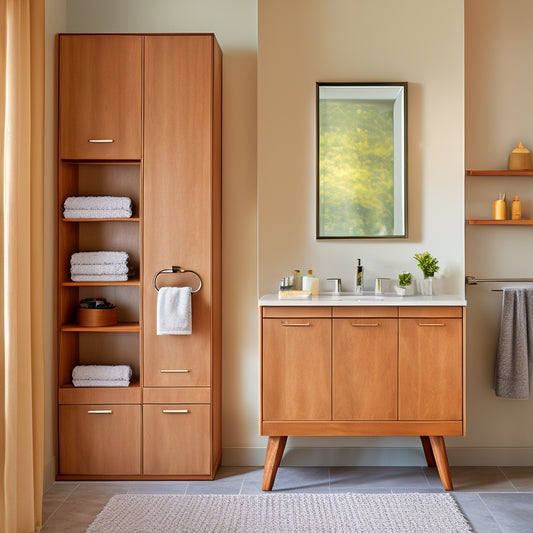 A sleek, modern bathroom with a wall-mounted open shelf cabinet in a warm wood tone, featuring various storage bins, rolled towels, and decorative accessories, amidst a calm, neutral-colored backdrop.