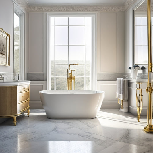 Generate an image of a luxurious freestanding tub bathroom with a sleek, low-profile tub, surrounded by large format marble tiles, minimalist floor lamps, and a floor-to-ceiling glass shower enclosure.