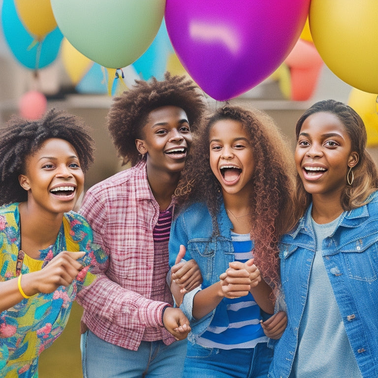 A vibrant background with diverse teenagers of different ages, ethnicities, and abilities laughing, hugging, and high-fiving, surrounded by colorful balloons, flowers, and subtle heart patterns.