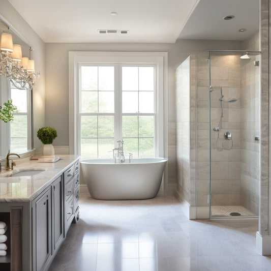A serene bathroom scene featuring a floor-to-ceiling glass door unit with chrome hardware, surrounded by marble countertops, a freestanding tub, and soft, warm lighting.