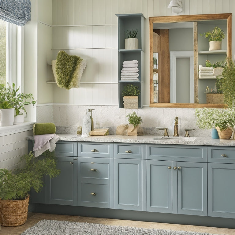 A clutter-free bathroom with a mix of open shelves, cabinets, and drawers in a calming color scheme, surrounded by lush greenery, with a few decorative towels and a minimalist sink.