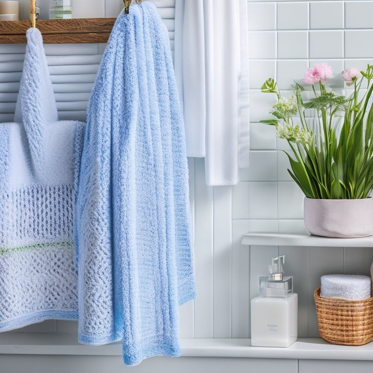 A beautifully styled bathroom with a soft, white Bloom Yarn Crochet organizer hanging from a towel rack, holding rolled towels, toiletries, and a few fresh flowers, against a calming blue background.