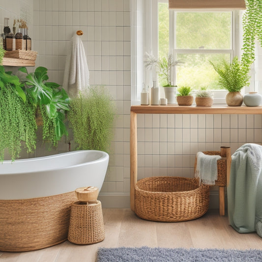 A serene bathroom with a wooden open shelving unit above a freestanding tub, adorned with woven baskets, lush greenery, and a few decorative bottles, against a soft, white marble backdrop.