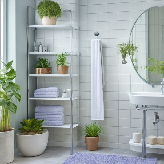 A modern bathroom with a wall-mounted ladder shelf in a sleek, polished chrome finish, holding folded towels, decorative vases, and a potted plant, set against a calming gray and white tile backdrop.