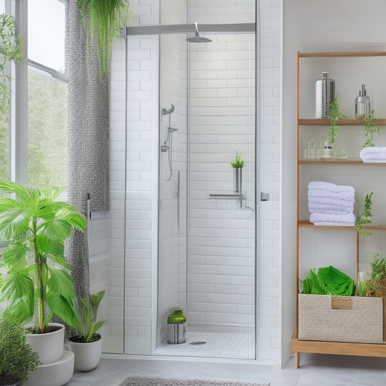 A clean, modern bathroom with a rainfall showerhead, white tile, and a sleek glass door, featuring a multi-tiered shower caddy with baskets and hooks, surrounded by lush greenery.