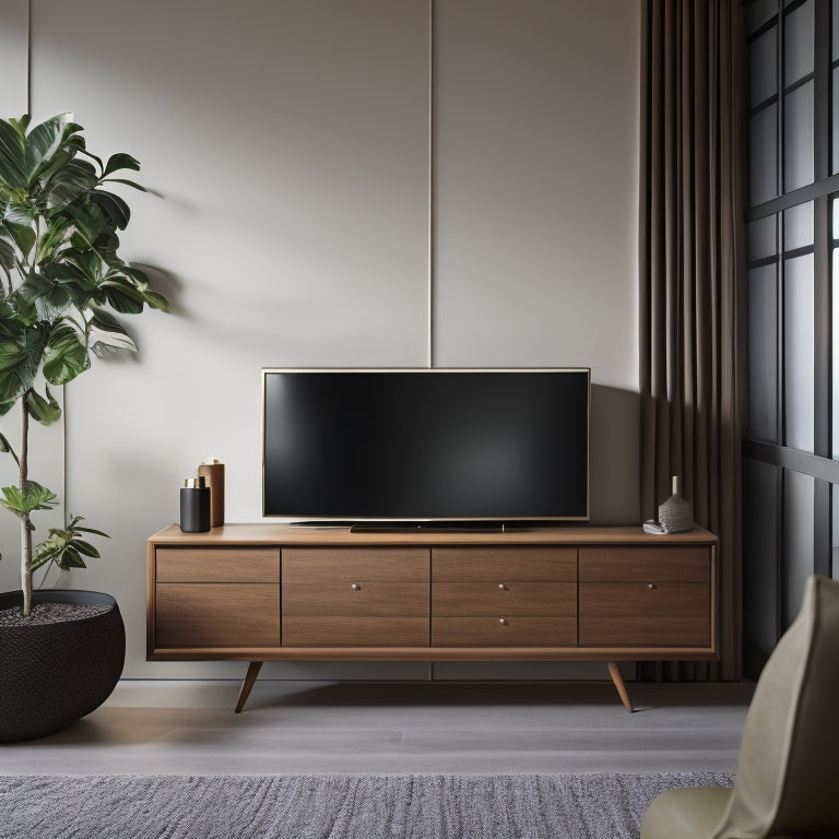 A sleek, modern living room with a wall-mounted cabinet in a warm, wood tone, featuring soft-close drawers, LED lighting, and a minimalist handle design, surrounded by stylish decorative accents.