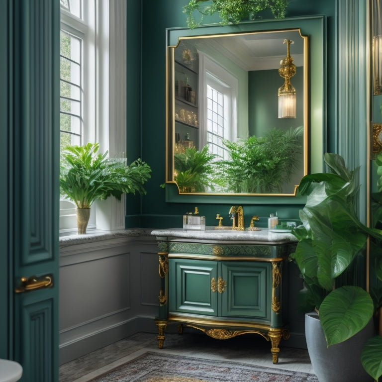 A beautifully styled bathroom with a large, ornate medicine cabinet mirror featuring a soft-close door, surrounded by elegant lighting, marble countertops, and a lush green plant.