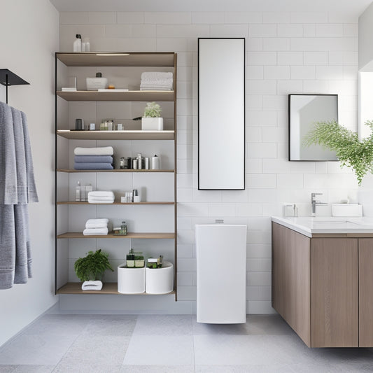 A sleek, modern bathroom with innovative storage solutions: floating shelves, hidden cabinets, and multi-functional furniture, showcasing organized toiletries, towels, and decor, all harmoniously integrated in a serene, minimalist design.