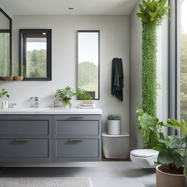 A serene, modern bathroom with a large, freestanding tub, surrounded by sleek, gray cabinets and countertops, with a few, strategically-placed, lush green plants, and a large, circular mirror above a floating vanity.