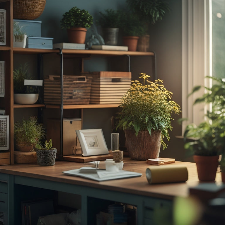 A tidy, well-lit room with a $100 bill on a clutter-free desk, surrounded by organized storage bins, a few potted plants, and a minimalist bookshelf in the background.