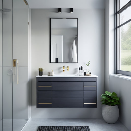 A sleek, modern bathroom with a wall-mounted, sliding mirror cabinet, a recessed medicine cabinet, and a floating vanity with a hidden storage drawer, surrounded by minimalist decor.