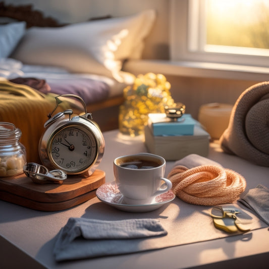 A cluttered bedside table with an alarm clock stuck on snooze, surrounded by tangled hair accessories, crumpled clothes, and a half-empty coffee cup, with a subtle hint of morning sunlight in the background.