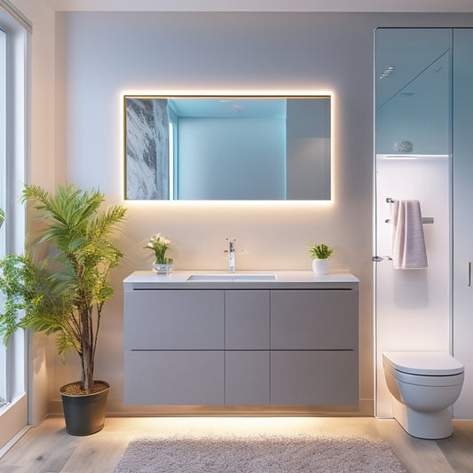 A modern, sleek bathroom with a wall-mounted sink unit, showcasing a minimalist design, increased floor space, and a subtle LED light strip underneath, highlighting the area's openness and airiness.