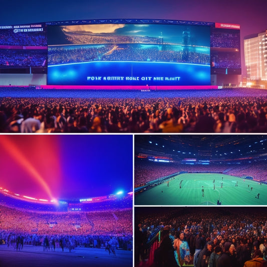 A bustling arena at night, with vibrant colored lights illuminating the exterior, a crowded entrance, and a giant video screen displaying a concert or sports event in progress.