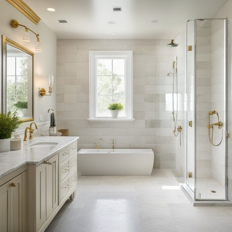 A serene, well-lit bathroom with separate vanities, a freestanding tub, and a spacious walk-in shower featuring a rainfall showerhead and body sprays, surrounded by calming white marble and soft, warm lighting.