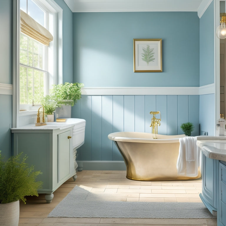 Generate an image of a serene bathroom with soft, creamy light blue walls, white shiplap ceiling, and warm golden lighting, featuring a freestanding tub, lush greenery, and minimalist decor.