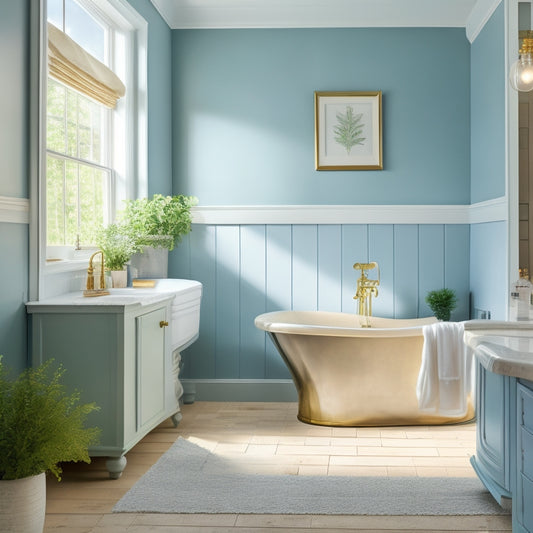 Generate an image of a serene bathroom with soft, creamy light blue walls, white shiplap ceiling, and warm golden lighting, featuring a freestanding tub, lush greenery, and minimalist decor.