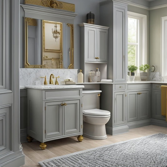 A modern bathroom with a sleek pedestal sink, surrounded by three varying storage cabinet options: a slim slide-out drawer, a compact shelved unit, and a decorative cabinet with ornate metalwork.