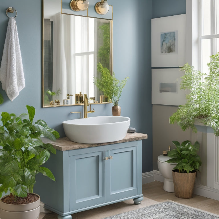 A serene, well-lit guest bathroom featuring a sleek, wall-mounted sink, a decorative mirror, plush towels, and a few carefully placed potted plants, all in a calming color palette.