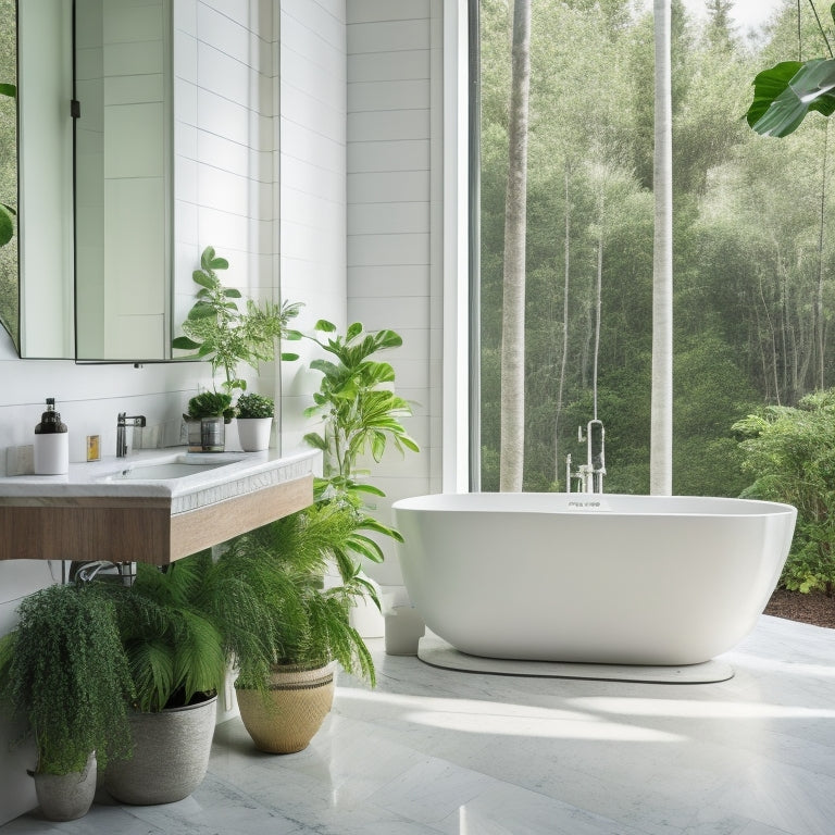 A serene, marble-clad bathroom with a freestanding tub, where gleaming chrome fixtures, a woven basket, and a minimalist shelving unit showcase a clutter-free oasis, surrounded by lush greenery.