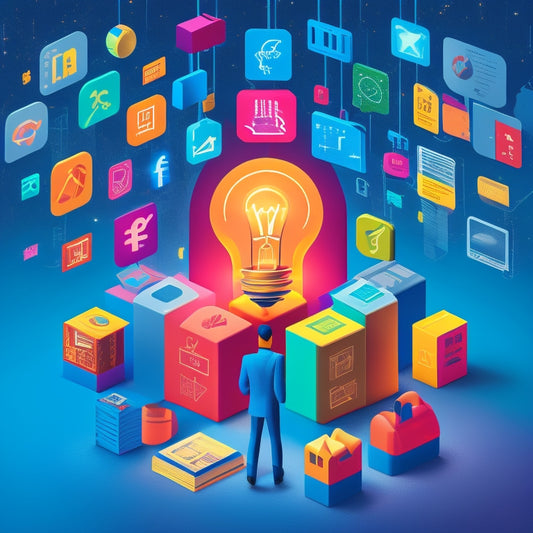 A stylized illustration of a person standing in front of a giant puzzle, with puzzle pieces shaped like laptops, tablets, and smartphones, with a lightbulb glowing above their head, surrounded by orbiting icons of various e-learning platforms.