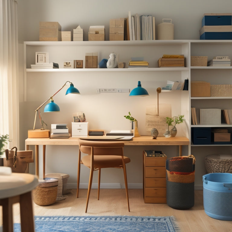 A serene, minimalist room with a tidy desk, a few neatly arranged books, and a small, organized closet in the background, with a few items hanging and a few stored in small baskets.