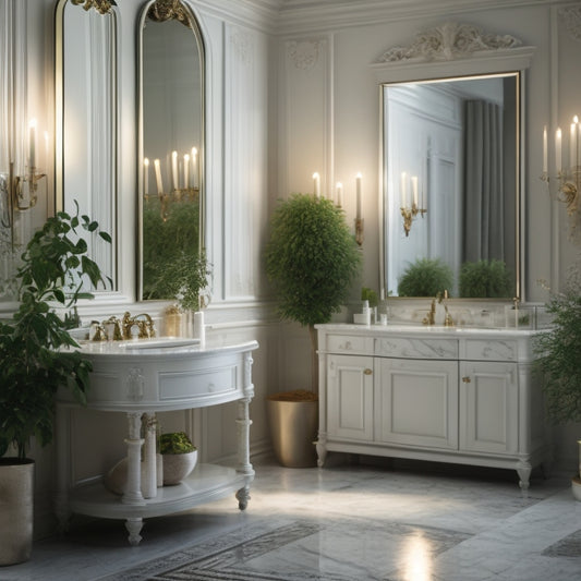 A serene bathroom scene with a large, ornate mirror above a white vanity, surrounded by soft, warm lighting, lush greenery, and a few strategically placed candles reflecting off polished marble floors.