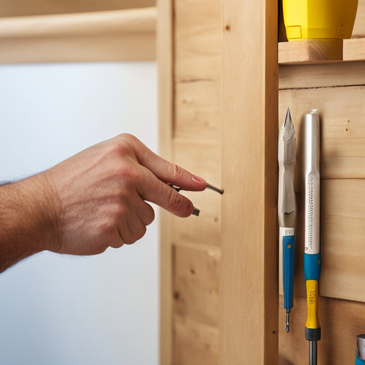 A close-up of a person's hands holding a Daske Wenca shelf, with a drill and screwdriver nearby, against a clean, white background, with subtle shadows and soft, natural lighting.