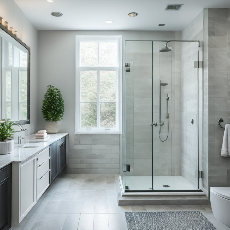 A serene bathroom with a sleek, frameless glass shower enclosure, rain showerhead, and marble walls, featuring a built-in bench and recessed storage niches alongside a freestanding tub.