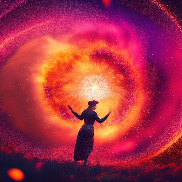 A vibrant, abstract background with swirling patterns of bright orange, yellow, and pink hues, surrounded by bursting fireworks, symbolizing passion and creativity, with a subtle outline of a person in the center, arms outstretched.