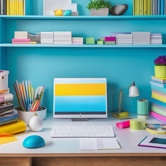 A bright, modern desk with a laptop, colorful pens, and a few neatly labeled folders, surrounded by a few scattered papers and a roll of washi tape, with a subtle background of a tidy bookshelf.