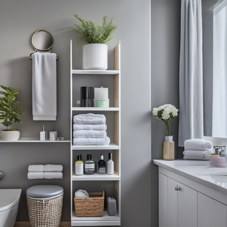 A modern bathroom with a sleek, wall-mounted organizer featuring adjustable shelves, baskets, and hooks in a polished chrome finish, surrounded by neatly arranged toiletries and towels in a calming, spa-like atmosphere.