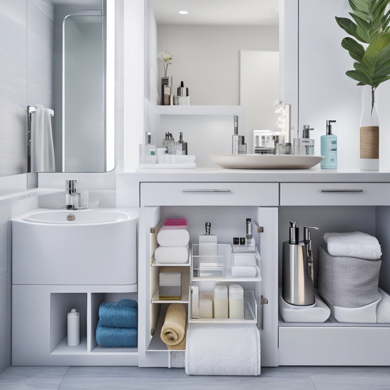 A modern bathroom with sleek, white cabinets, featuring three drawers of varying sizes, each filled with neatly organized toiletries and beauty products, separated by customizable dividers and inserts.