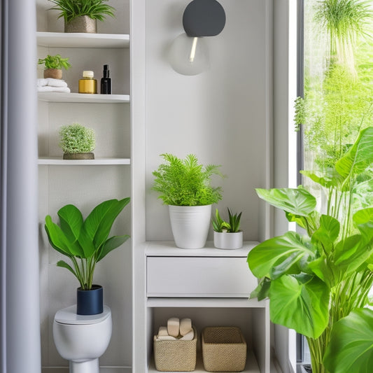 A sleek, modern bathroom corner featuring a stylish rotating organizer, filled with neatly arranged toiletries, vibrant plants, and soft lighting, showcasing efficient use of limited space with minimalistic decor and a soothing color palette.