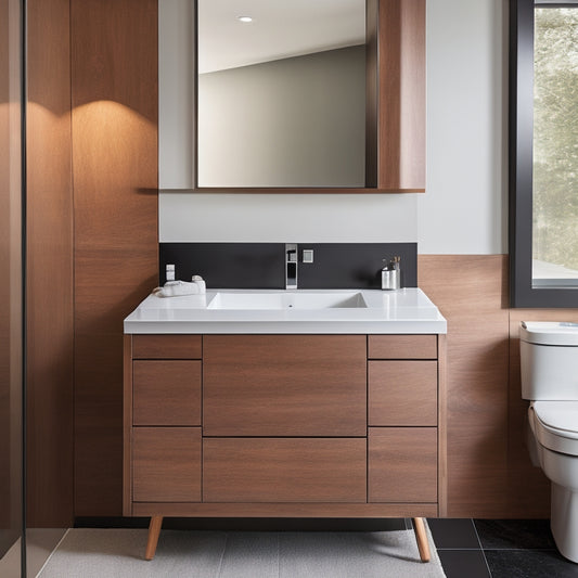 A sleek, modern bathroom with a wall-mounted, floating vanity cabinet in a rich, dark wood tone, paired with a crisp white countertop and a minimalist, chrome-finished faucet.